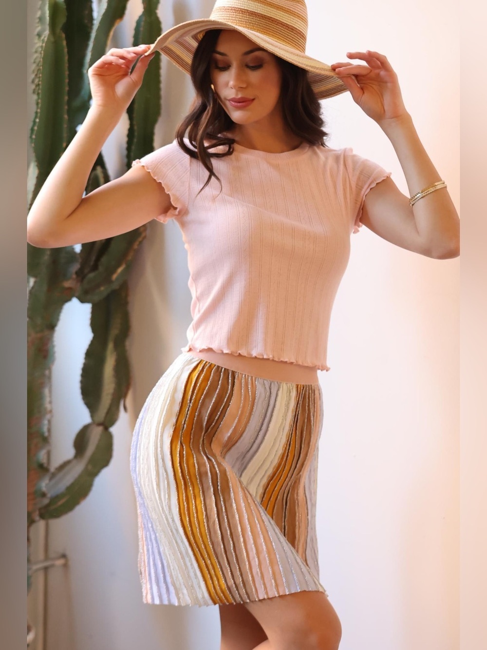 Eva Franco Anthropologie Pastel Striped Knit Mini Skirt Metallic Pinstripes